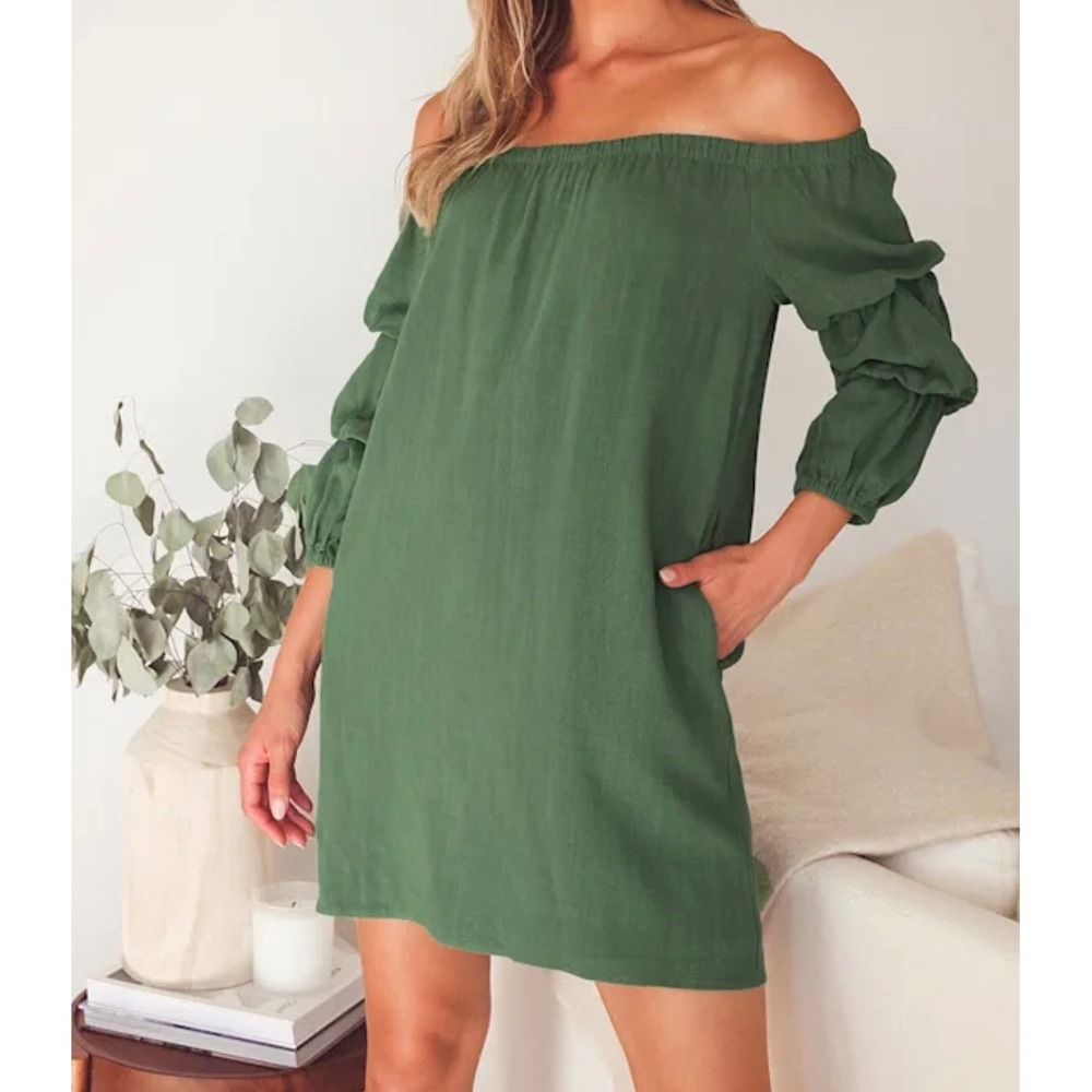 Lulus Sage Green Linen Blend Off the Shoulder Tiered Sleeve Mini Dress Small NWT